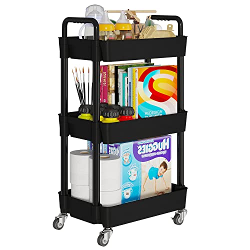 Laiensia 3-Tier Storage Cart,Multifunction Utility Rolling Cart Kitchen Storage Organizer,Mobile Shelving Unit Cart With Lockable Wheels For Bathroom,Laundry,Living Room,With Classified Stickers,Black #TOP6
