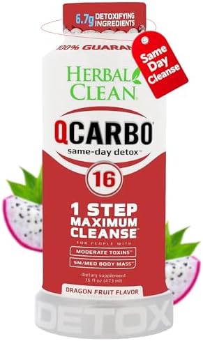 Herbal Clean Qcarbo16 Same-Day Detox Cleanse Drink (16 fl oz) - Dragon Fruit Flavor Full Body Cleanse* Detox Drink for Moderate Toxin Level*, Vitamin B2 and Vitamin B12 for Men & Women