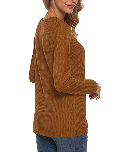 MISFAY Womens Casual Top Long Sleeve Cute Twist Knot Waffle Knit Shirts Tops (Large, Rust Yellow)