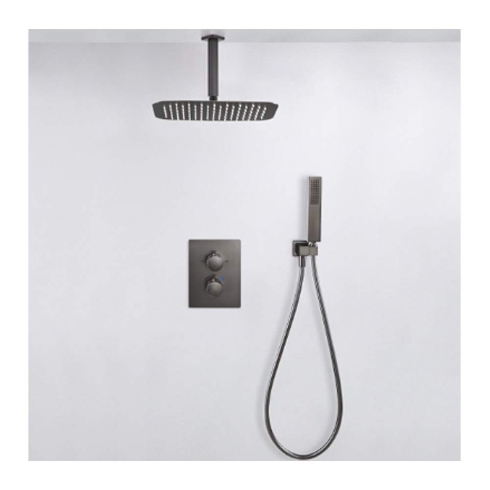 Système de douche thermostatique encastré gris avec pommeau de plafond inox