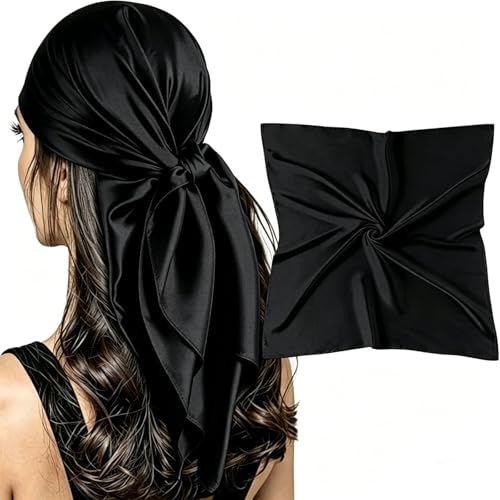 Image of BAIWANLHC Silk Head Scarf, Black Satin Hair Scarf, 35.4 inches Silk Bandana Large Lightweight Square Hair Wraps Scarf for Ladies Girls Hair Sleep