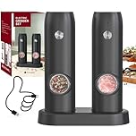 CIRCLE JOY Electric Salt and Pepper Grinder Set USB Rechargeable Pepper Mills with Dual Charging Base, White LED Light, Adjustable Coarseness and Easy to One Hand Operation, Black