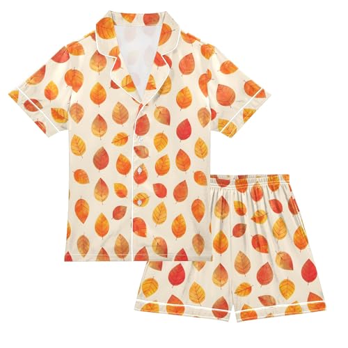 Yellow Simple Autumn Leaf Summer Satin Pajama Set, Cute Button-Down Sleepwear Pj Set for Sleep Wears