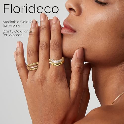 Florideco Gold Stackable Rings for Women Non Tarnish Dainty 14K Gold Plated Stacking Cubic Zirconia Thumb Ring Set Trendy Statement Chunky Band Rings Promise Engagement Rings Size 6-104