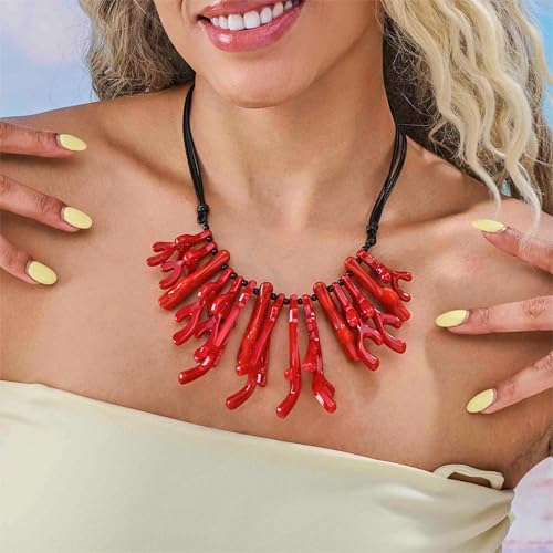 Coral Beaded Necklace for Women Acrylic Red Statement Necklace Adjustable Bohemian Beach Jewelry with Fringe Ocean Theme Summer Necklace Trendy Boho Necklaces for Her3