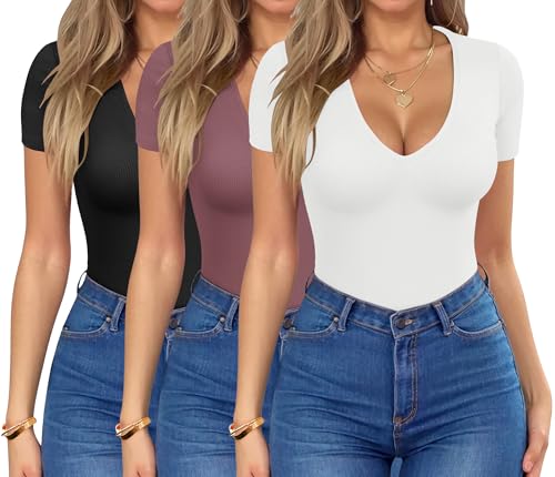 HOTOUCH Deep V Neck Tops for Women Sexy Low Cut Summer Ribbed Knit T Shirts Slim Fit Stretchy Basic Fashion Tee