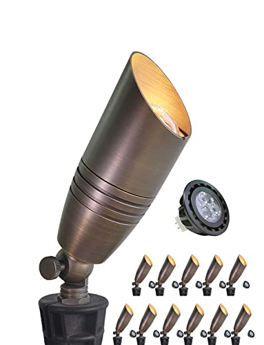 MALORY Brass Landscape Spotlights 12-Pack with Bulb Kit(S02), Low Voltage 12V AC/DC LED Outdoor Spot Uplights for House and Tree,PVC Ground Stake and Wire Connector Included, 5W 2700K Warm White