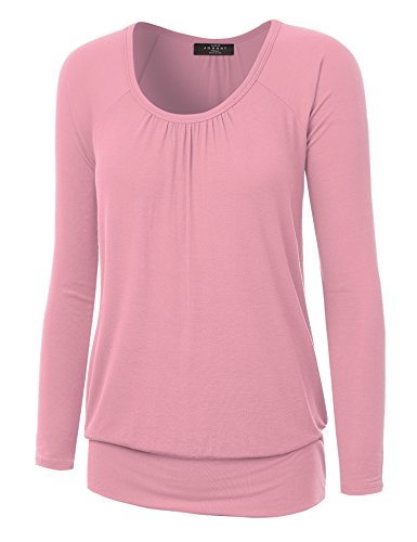 Made By Johnny Women's Solid/Tie Dye Long Sleeve Front and Back Shirring Raglan Top - Made in USA
