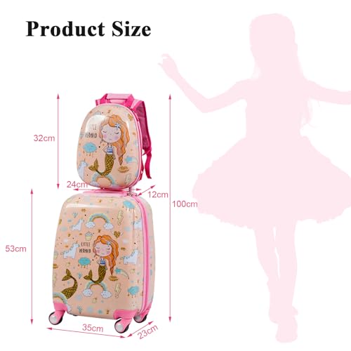 2 PCS Kids Luggage Set, Children Suitcase and Backpack Set with Adjustable Handle and Universal Wheels, Hard Shell Toddler Trolley Case for Travel School (12 + 18 Inch, Pink Mermaid) - Image 6