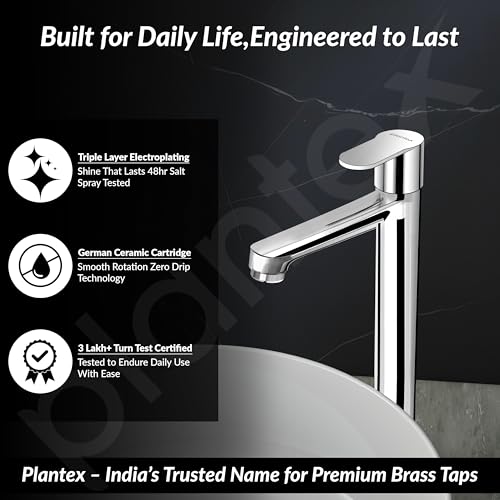 Image of Plantex Pure Brass High Neck Pillar Cocke /Tall Body Pillar Cock for Basin with Teflon Tape /Tap for Wash Basin with 7 Year Warranty - (Alpha, Chrome)