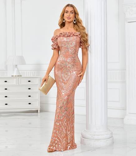 Image of dasmzper Women Sexy Sequin Off Shoulder Ruffle Short Sleeve Bodycon Mermaid Party Formal Evening Maxi Dress