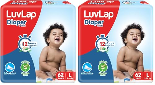 Image of LuvLap Pant Style Baby Diapers, Large (L), 62 Count, For babies of Upto 9-14Kg with Aloe Vera Lotion for rash protection, with upto 12hr protection, Diapers (Pack of 2)