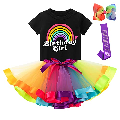 K-Acc Rainbow Birthday Girl Outfit Shirt Tutu Skirt Hair Bow Satin Sash Costume for Girls Birthday Party (9-10 Years Rainbow 2)