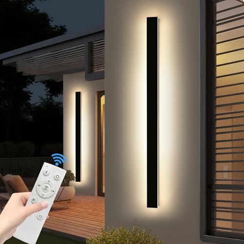 Image of 2 Pack 71inch Modern Outdoor Wall Light, 3000K-6000K Dimmable Outside Wall Sconce, Black Exterior Lighting Fixture, IP65 Waterproof Linear Long Garage Lights for Porch Patio Garden with Remote Control