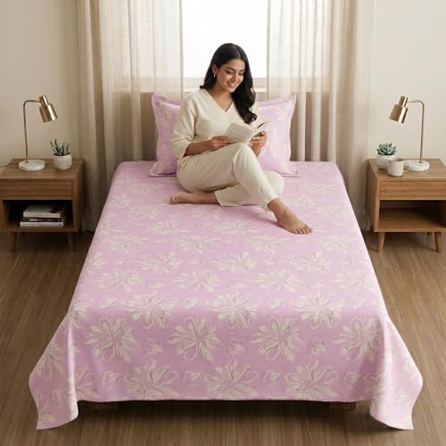 Image of Mafatlal 186 TC Metro Cotton Single Bedsheet | 90 x 60 Inch | Premium Lightweight Fabric with Pillow Cover | Modern Bedding Set | Mauve Pink