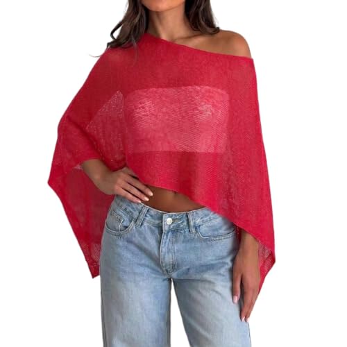 Womens Sheer Poncho Top Y2k Knitted Summer Asymmetrical Mesh Shawl Pullover Sweater Cover Up Tops (Red One Size)
