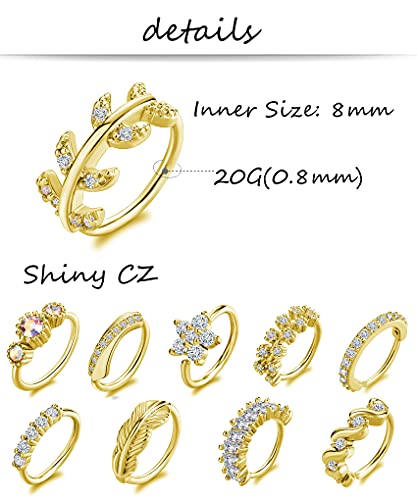 Tornito 10Pcs Nose Ring Hoop Paved Flower Leaf Feather CZ Cartilage Earrings Nose Piercing Jewelry for Women Men Silver Gold Rose Gold Tone 20G2