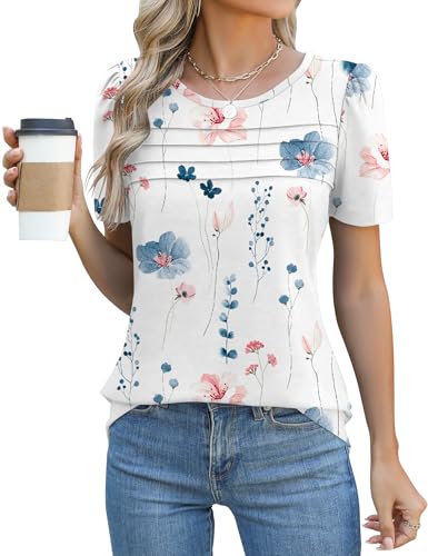 Rapbin Tshirt Damen Sommer Kurzarm Bluse Elegant Rundhals Mit Falten Oberteil Locker Frauen Puffärmel Blumen Tops Lässig Basic Tunika Shirts 2025(Weiß Blau Blumen,L)