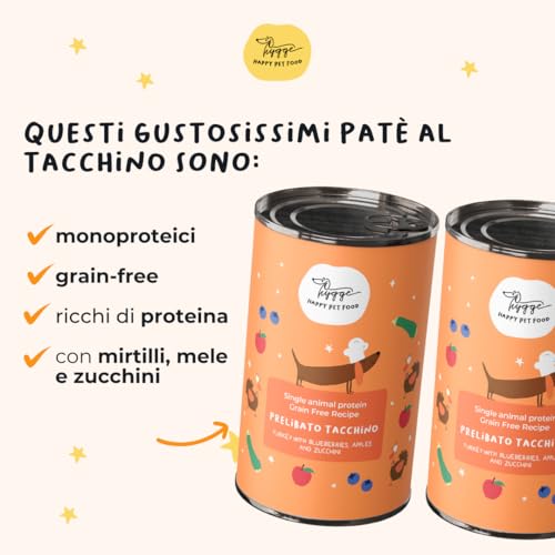 Nassfutter für Hunde, Monoprotein, mit Truthahn, mit Zucchini, Äpfeln und Blaubeeren, für erwachsene Hunde im Angebot, getreidefrei, ideal für empfindliche Hunde, hergestellt in Italien, 12 x 400 g