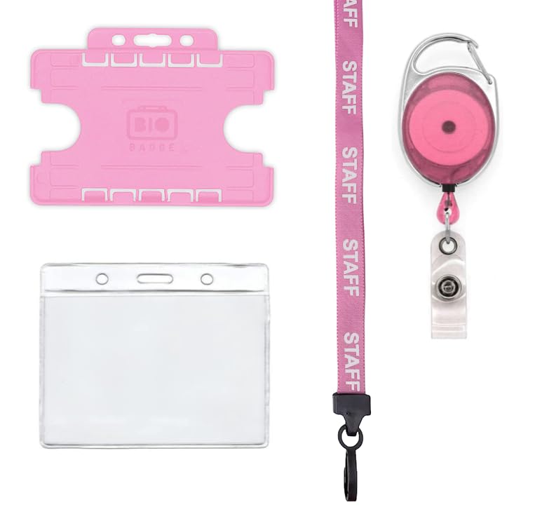 Complete 4 Piece Staff ID Badge Set PCL Media ltd Includes Staff Lanyard, Retractable Badge Reel, & Badge Pocket & Bio Double Sided ID Card Badge Holder (Staff Pink)