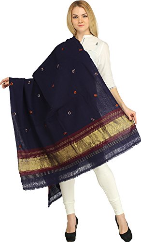 Shawl from Kutch with Embroidered Bootis and Golden Woven Border - Wool - Main Image