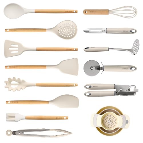 CAROTE Silicone Cooking Utensils Set, Kitchen Utensils Set 16 Pcs for Cooking,BPA Free Spatula Set,446 ℉ Heat Resistant Wood Handles for Nonstick Cookware (Cream White)