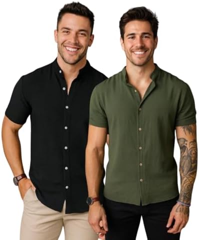 Kit 2 Camisas Masculinas, Gola Padre, Manga Curta, Casual Social,...