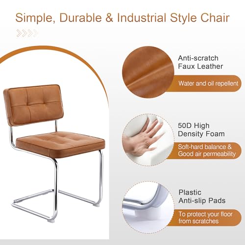 Zesthouse Industrial Metal Dining Chairs Set of 2, Upholstered Faux Leather Kitchen Chairs with Stainless Chrome Base, for Kitchen & Dining Living Room, Mid Century Breuer Design Inspired, Brown