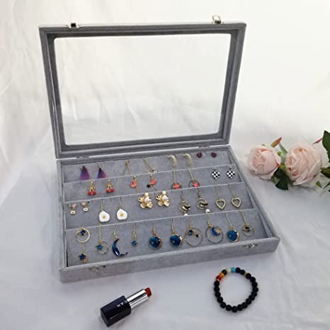 Image of Velvet Jewelry Drawer Organizer Tray Stackable Jewelry Tray for Drawer and Storage Display Rings and All Other Jewellery Needs (Earring Box Grey, Grey)