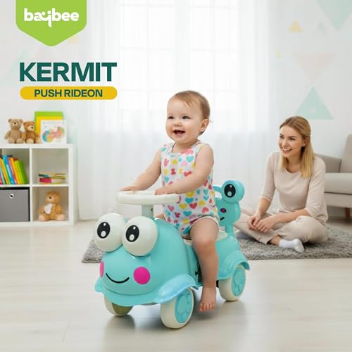 Image of Kermit Ride on Cars for Kids | Portable Kids Car with Music & Toy Storage | Indoor Baby Push Ride-ons with Lights & Safety Backrest | Outdoor Rider Cars for Kid 18+ Months (Green)