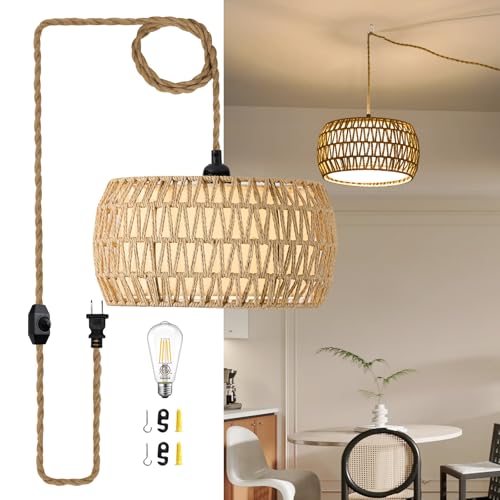 ALAISLYC Boho Rattan Pendant Lights Farmhouse 12 Inch Plug in