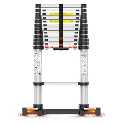 12.5FT Telescoping Ladder, Collapsible Ladder with Bottom Stabilizers, Slow Descent, One-Click Retraction to Protect Finger?Suitable for RV or Outdoor Work