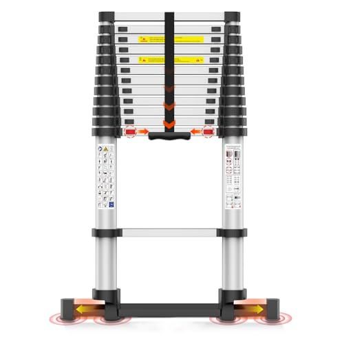 12.5FT Telescoping Ladder, Collapsible Ladder with Bottom Stabilizers, Slow Descent, One-Click...