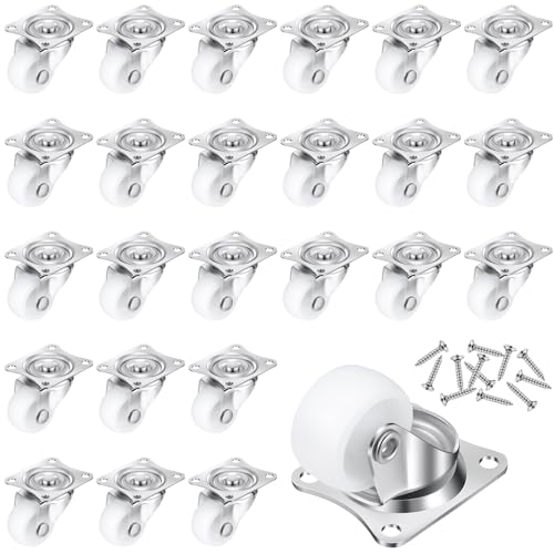 Maitys 24 Pcs 1 Low Profile Casters Wheels for Furniture Small Swivel Caster with No Noise 360 Degree Top Plate 22 Lbs Weighs Capacity for Furniture Appliances, Screws Included (White,Pp)