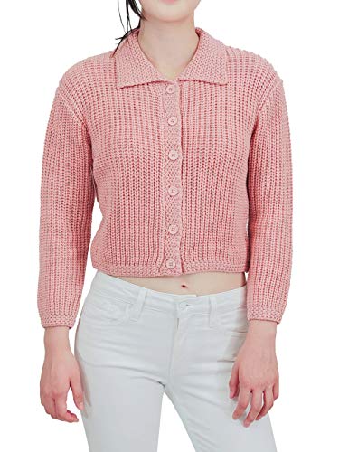 YEMAK Women's Cropped Cardigan Sweater – 3/4 Sleeve Button Down Knit Collar Casual Soft Knitted Jacket Crop Top