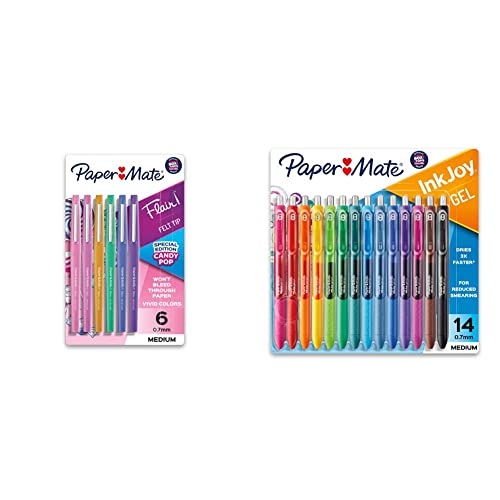 Paper Mate Flair Felt Tip Pens, Medium Point (0.7mm), Limited Edition Candy Pop Pack, 6 Count & InkJoy Pens, Gel Pens, Medium Point (0.7mm), Assorted, 14 Count