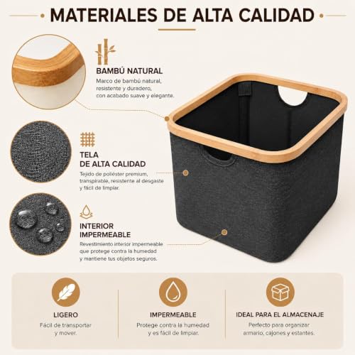 Miniatura 5 de Lin Home Cesto De Tela Plegable Negro Para Ropa Sucia Cuadrado 30x30x24.5cm Con Asa De Bambú - Cesta Organizadora Multiuso Para Ropas, Lavadero Baño Dormitorio