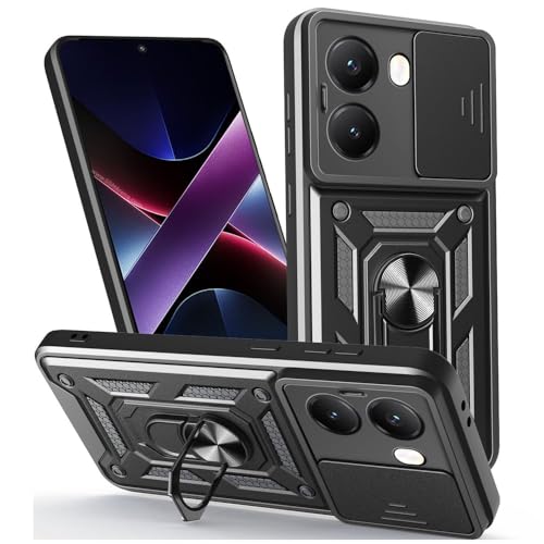 Image of Heavy Duty Back Case Cover for Poco X7 Pro 5G, Shockproof Poco X7 Pro Back Cover, Ring Case with Kickstand and Camera Protection Shutter - Black