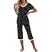 Women's Fashion Pajamas Sets Love Heart Print Short Sleeve Tops Cropped Pants Matching Summer Sleepwear 2 Piece Black