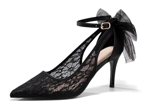 Coutgo Womens Lace High Heels Closed Pointed Toe Stiletto Pumps Bow Tie Ankle Strap Wedding Party Dress Shoes, Black, Size 7.5