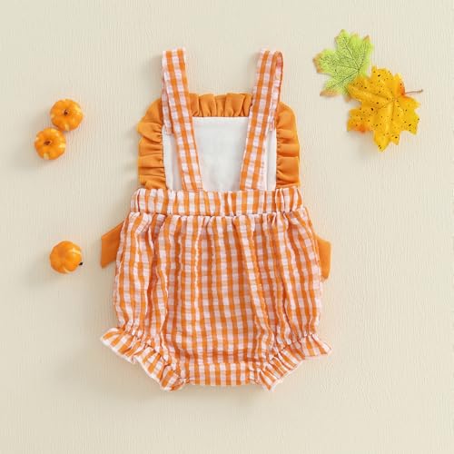 Newborn Baby Girl My First Halloween Smocked Outfit Seersucker Gingham Romper Overalls One Piece Plaid Jumpsuit3