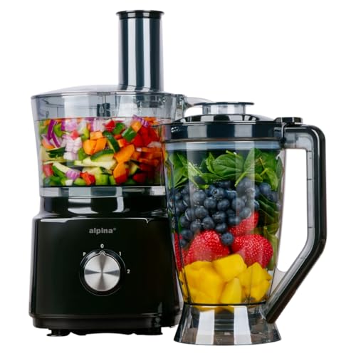 alpina Robot Cuisine FP413GS - Blender Smoothie 1.8L - Robot Multifonctions avec Lames et Râpes - Hachoir Électrique et Pétrin - 750W - Noir