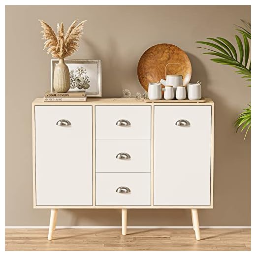 Cozy Castle Cómoda de color blanco y roble, aparador de madera con cajones y estantes ajustables, mueble alto escandinavo con protección anti-vuelco, armario de salón para pasillo, dormitorio, comedor