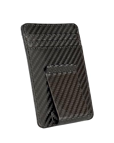 Xuduvay Money Clip for Men Wallet Slim Carbon Fiber Wallet Clip Stainless Steel Credit Business Card Minimalist Card Holder 2in1-Bright Black