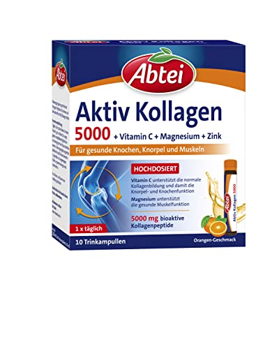 Abtei Aktiv Kollagen 5000 - Für gesunde Knochen, Knorpel und Muskeln - mit Vitamin C, Magnesium und Zink – laborgeprüft und zuckerfrei - 1 x 10 Trinkampullen à 25 ml