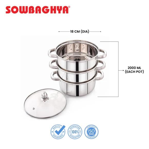 Image of Sowbaghya Stainless Steel 3-Tier Induction Bottom Steamer /Modak & Momo Maker with Glass Lid | Heavy Gauge | Double-Riveted Stainless Steel Handles