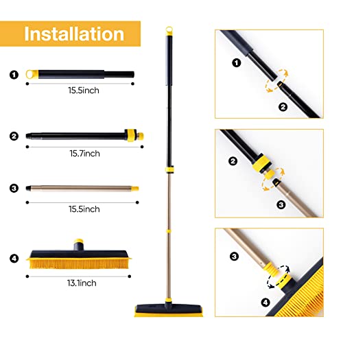 Yocada Pet Hair Removal Rubber Broom With Squeegee 2 In 1 Floor Brush Telescoping For Sweeping Hardwood Floor Tile Low Carpets Rugs Undercoat Carpets Bathroom Living Room Kitchen 53" #TOP2