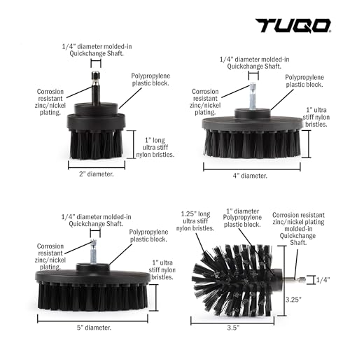 Image of TUQO SB20B Drill Brush Attachment Set - Power Scrubber Brush Cleaning Kit - for Industrial Use,Grill, Paint Removal, Furnace, Oven and More | Hard Bristle| Hex Shank Fits Most Drills | Black