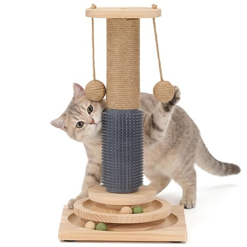 4-in-1 Solid Wood Cat Scratching Post with Self-Groomer Natural Sisal Scratching Post with 2-Level Track Ball Toy Interactive Cat Tree & Furniture Protector for Indoor Cats Medium Size