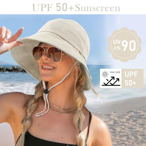 Image of SANNIDHI Sun Hats for Women Bucket Hat for Women, Wide Brim Summer UV Protection Beach Hat, Outdoor Casual Womens Hats with Chin Strap, Fashion Ladies